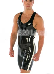 Handmade Men's Latex Sleeveless Catsuit Latex Swimsuit  With Side White Trim Crotch Zipper Skin-Tight New Style Latex Jumpsuit