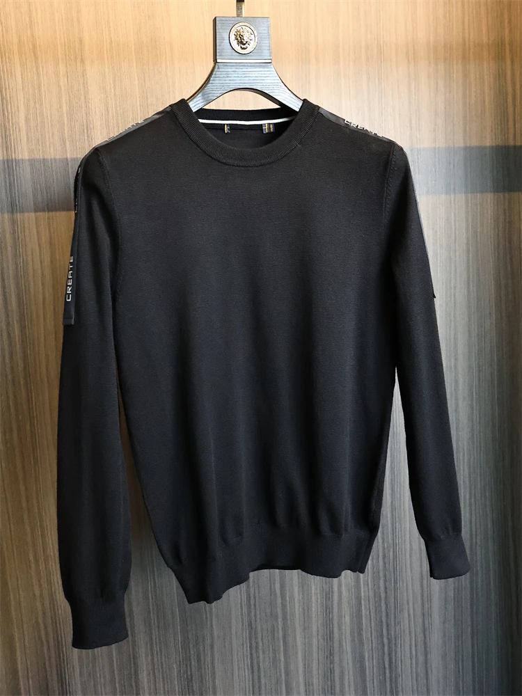 

H-Home Men's Fashionable Knitted Sweater Long Sleeve round Neck Letter Weave Belt Autumn Winter Polyester Fiber Casual Style