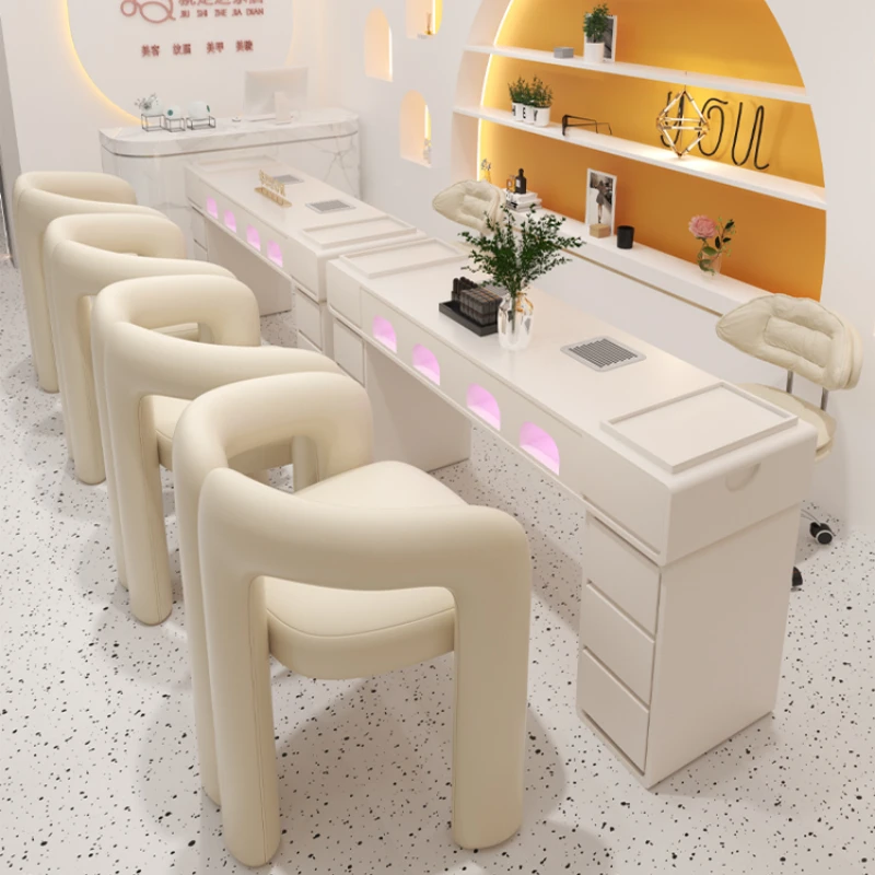 White Kawaii Manicure Table Workstation Design Aesthetic Modern Nail Table Vacuum Cleaner Scrivania Per Unghie Salon Furniture