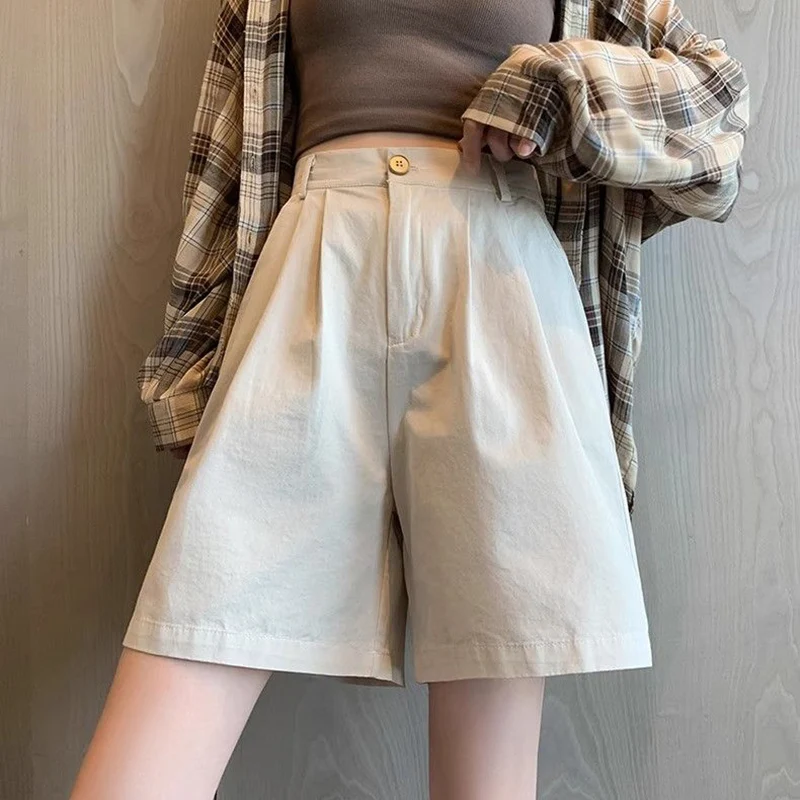 

Summer Classic Female Cargo Short Pants Lady High Waist Loose Fit Casual Shorts Girls Solid Color Thin Wide Leg Slacks