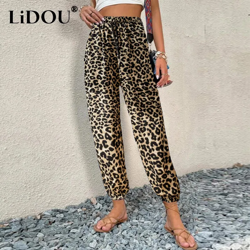 New Summer Casual Fashion Leopard Prints Women Loose Sporty Ninth Length Radish Pants Elastic Drawstring Bloomers Trousers Femme