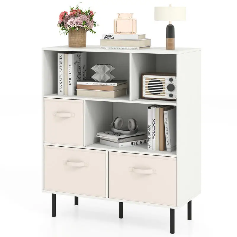 6-Cube Bookshelf with 3 Removable Folding Fabric Drawers for Living Room-White