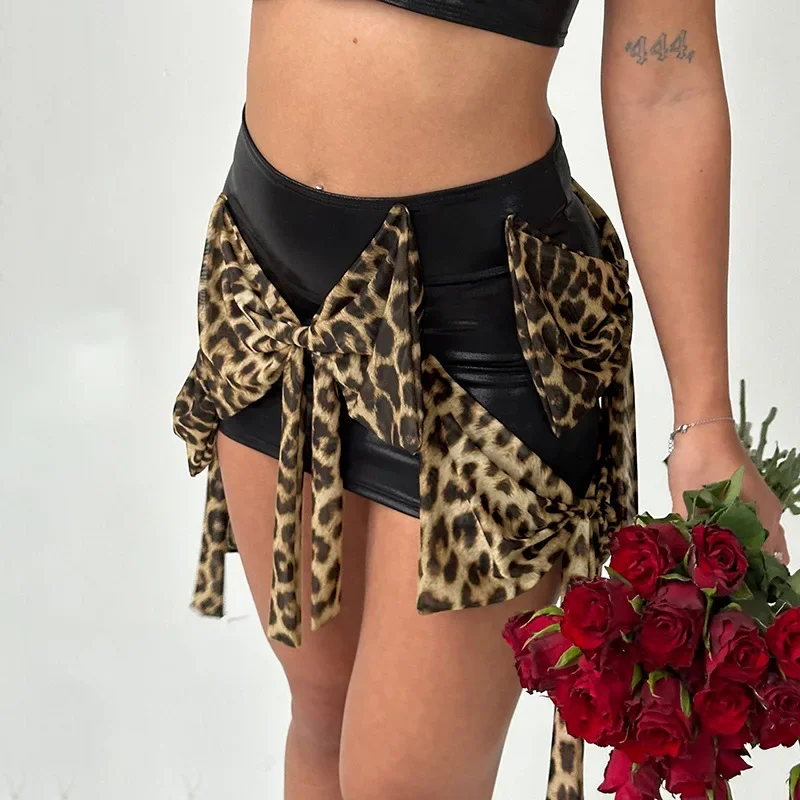 

TARUXY Leopard Bows Super Short Skirt Hot Girl High Waist Sexy Skirt Fashion Patchwork Female Club Casual Party Clothes 2025 New