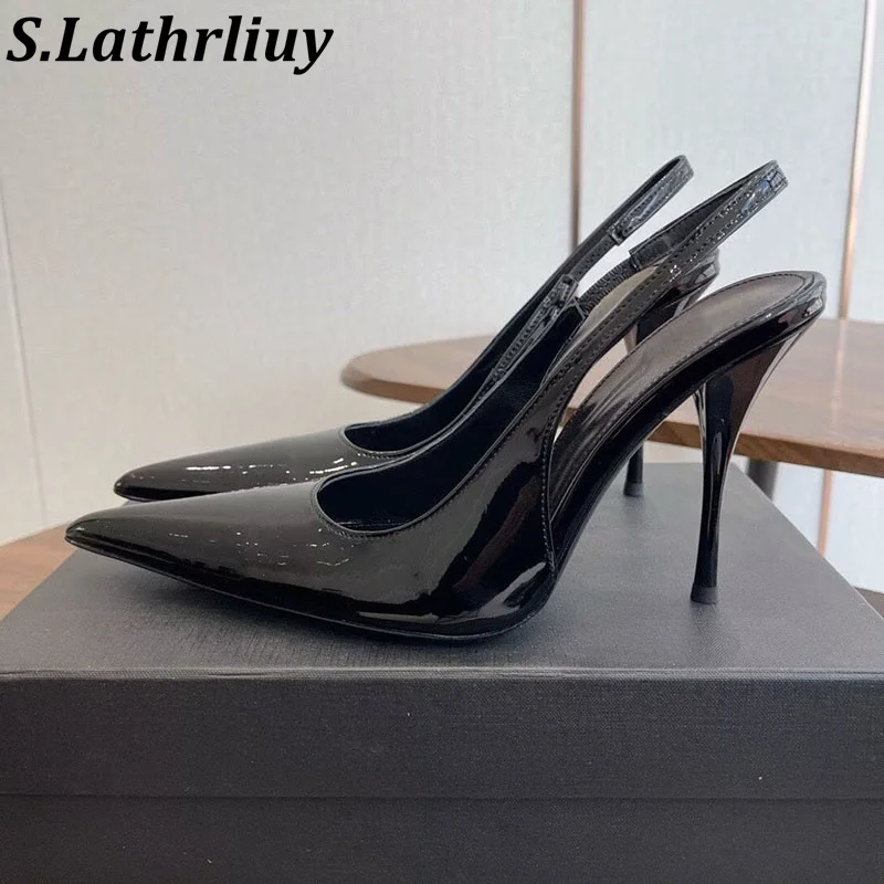 Spring Summer Patent Leather Pointed Toe Thin High Heel Women Back Strap Shallow Mouth Sandals Daily Office Single Shoes Pumps