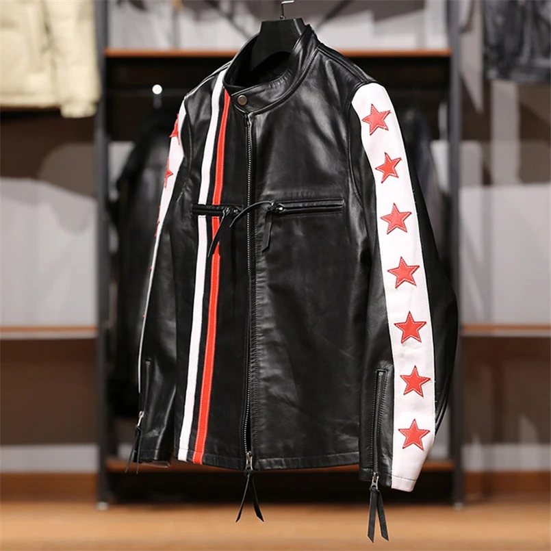 DHL Free Shipping,Men's Knight J100 Genuine Leather Jacket Stand Collar Red Stripe Five Star Dutch Cowhide Spring Autumn Coat