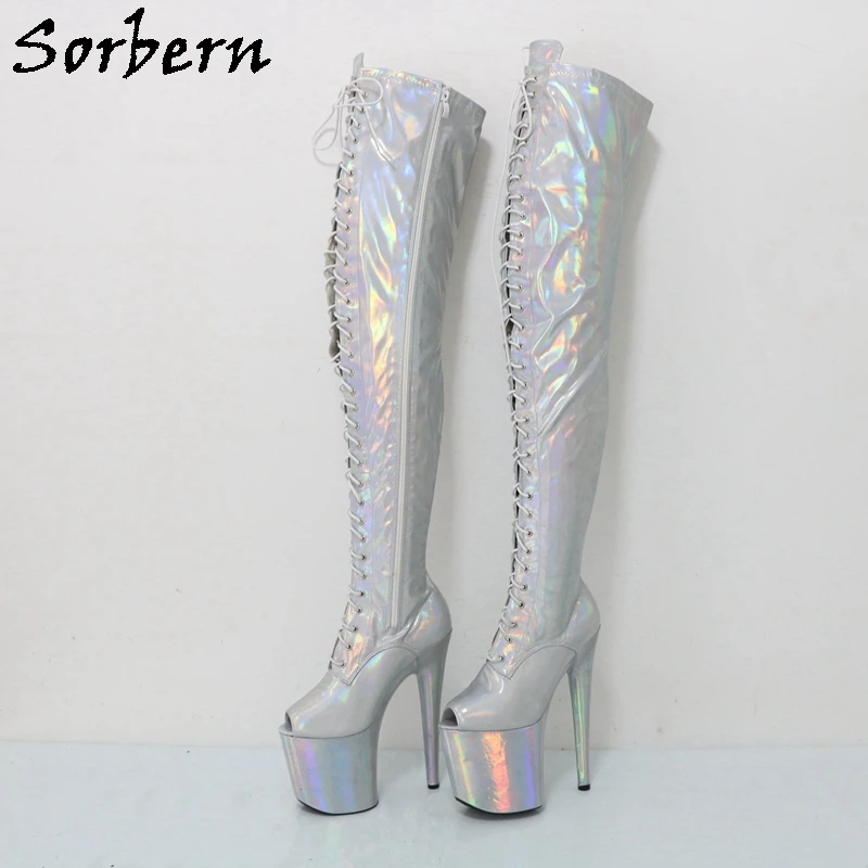Sorbern Silver Holo Thigh High Boots Women 20Cm Stripper High Heel Pole Dance Boot Peep Toe Lace Up Fetish Shoes Custom