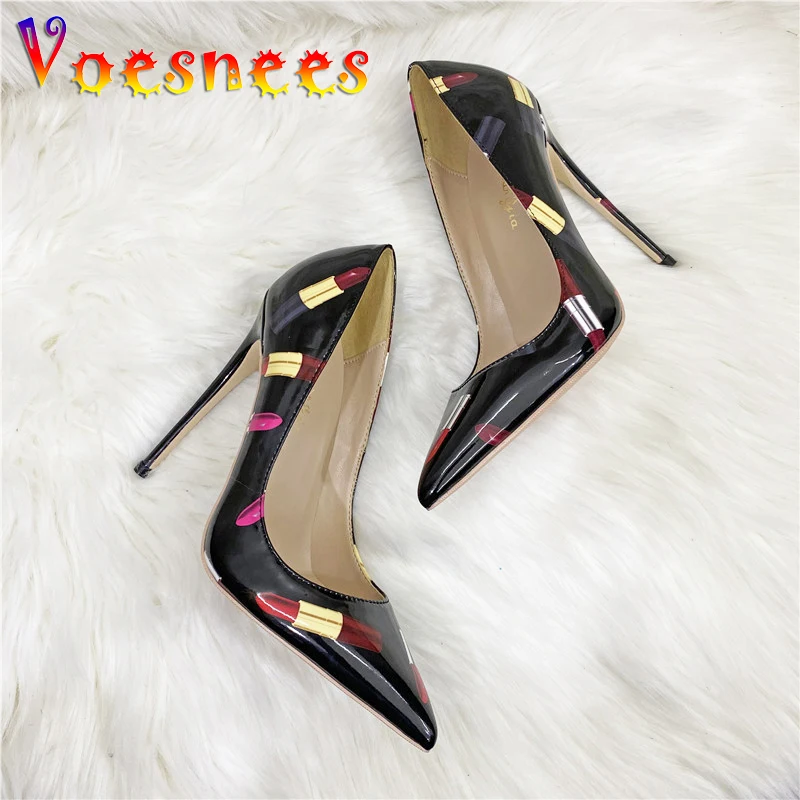 Designer Lipstick Print High Heels Nightclub Black Pointed Tip French Single Shoes 10CM Fashion Fetish Women's Pumps Big Size