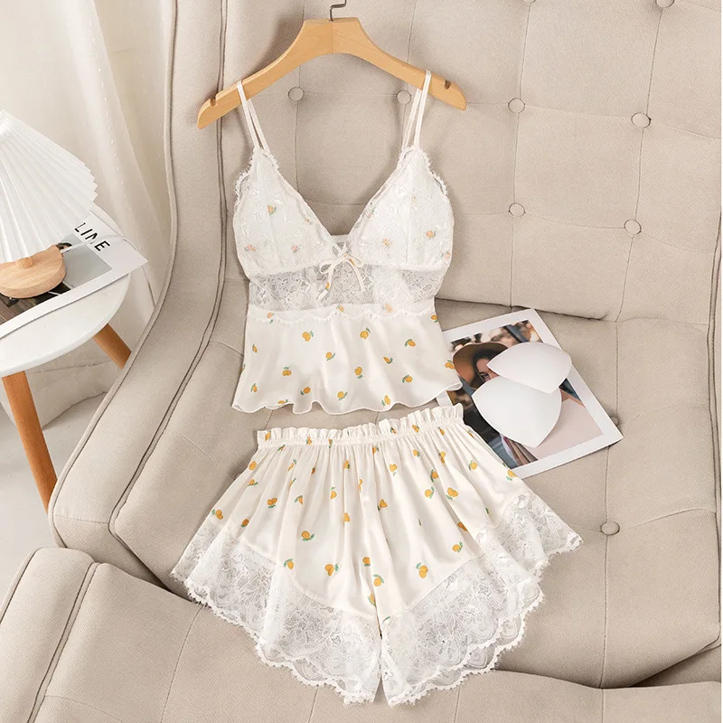 Summer Print Pyjamas Suit Women Sleepwear Lace Hollow Out Pajamas Set Sexy Strap Top&Shorts PJS Lingerie Satin Homewear