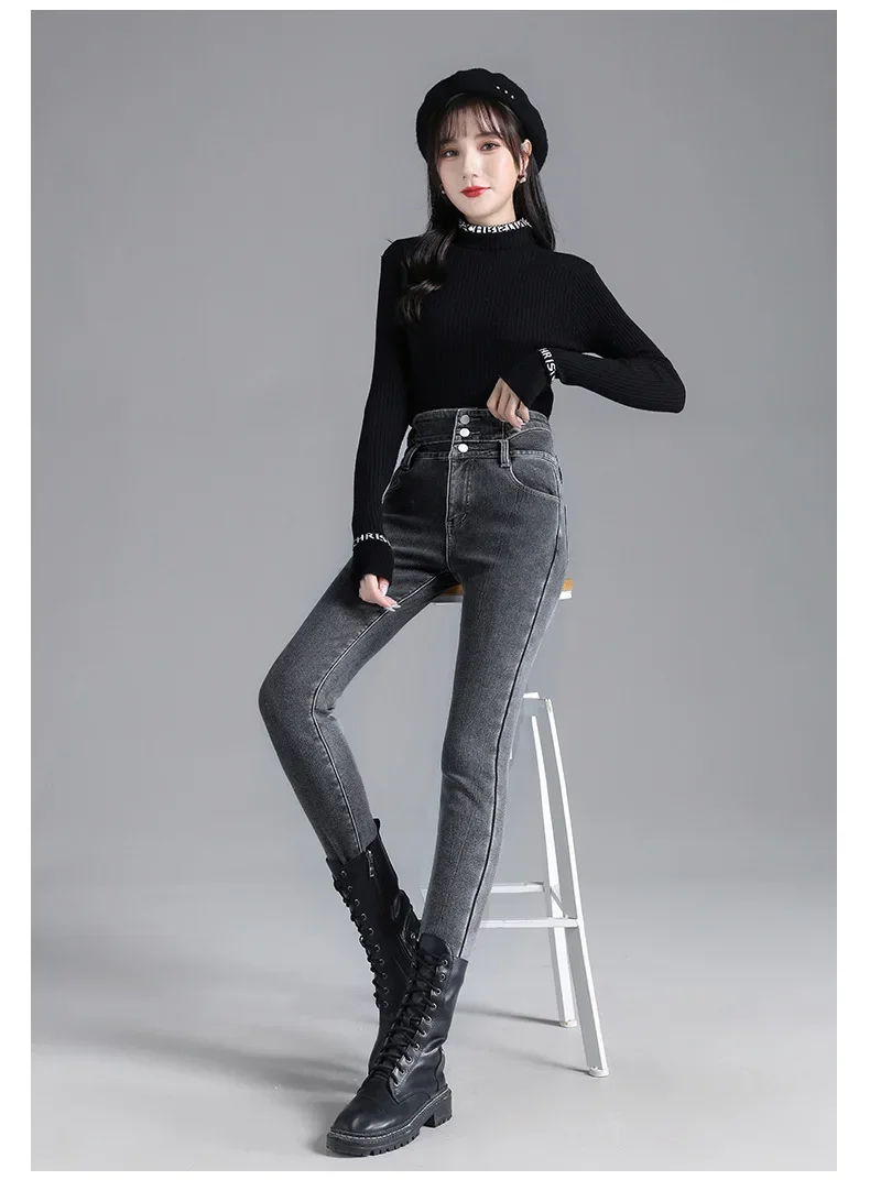 Women Thermal Jeans Winter Snow Warm Plush Stretch High Waist Jeans Lady Skinny Thicken Denim Retro Blue Pants Mom Sexy Trousers