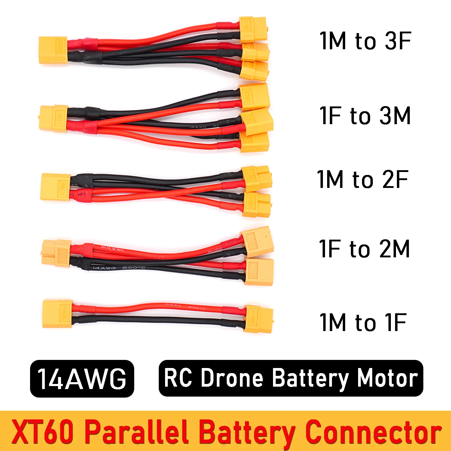 14AWG XT60 Parallel Battery Connector 1M3F 1F3M 3-Way Silicone Wire Extension Y Splitter RC Drone Lipo Battery Car Boat Motor