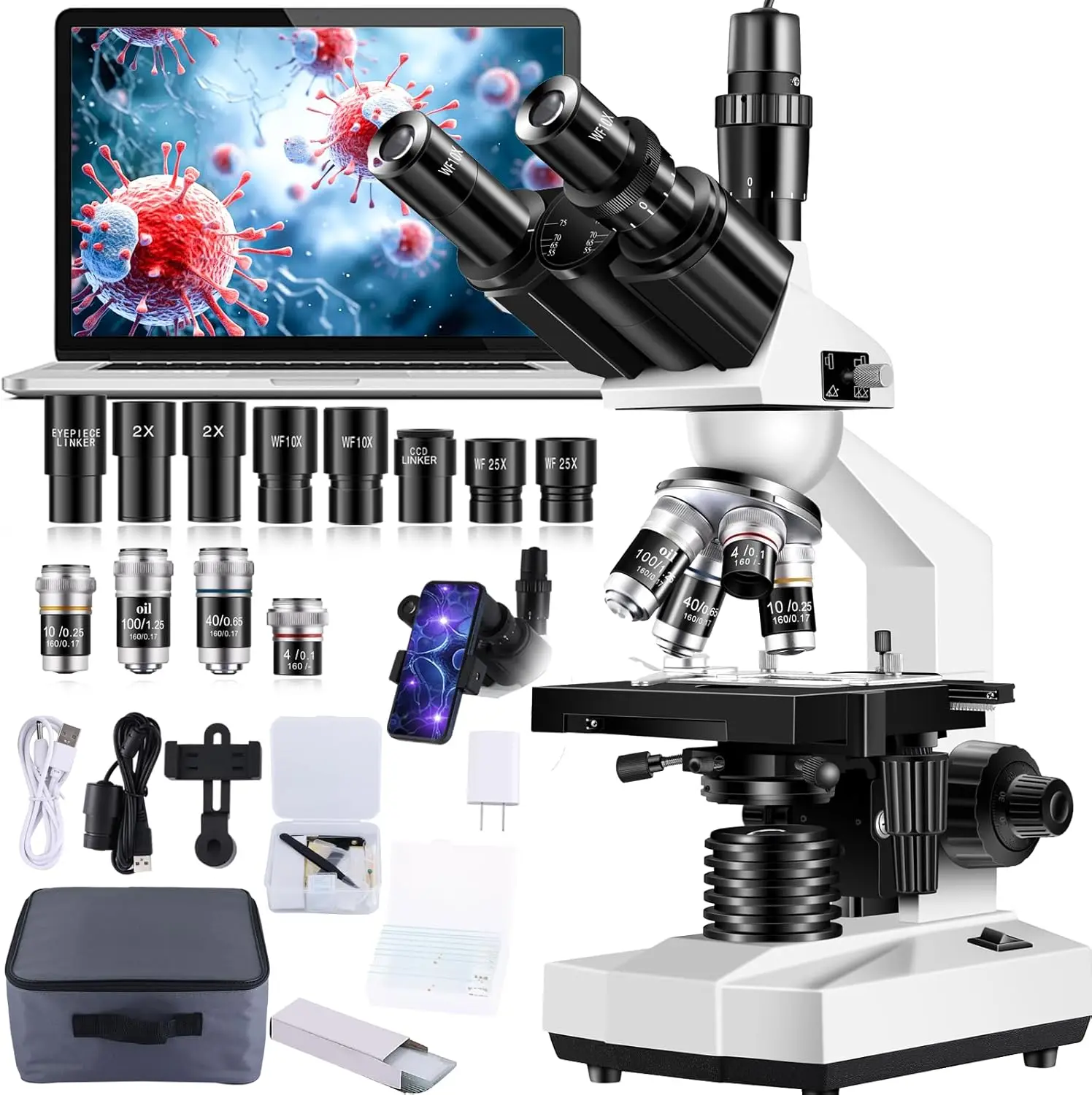 Trinocular Microscope 40X-5000X Magnification, Microscope For Adults, Laboratory Grade With Dual Mechanical Stage And Hd Usb