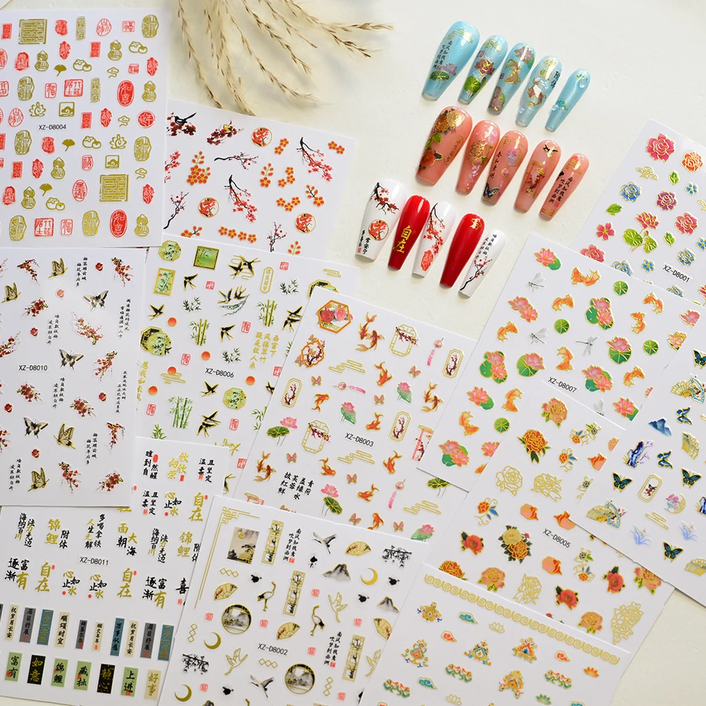 12 pièces/lot Style chinois Lotus & pivoine Floral autocollant pour ongles or argent bronzant fleur curseurs décalcomanies auto-adhésif ongles autocollants