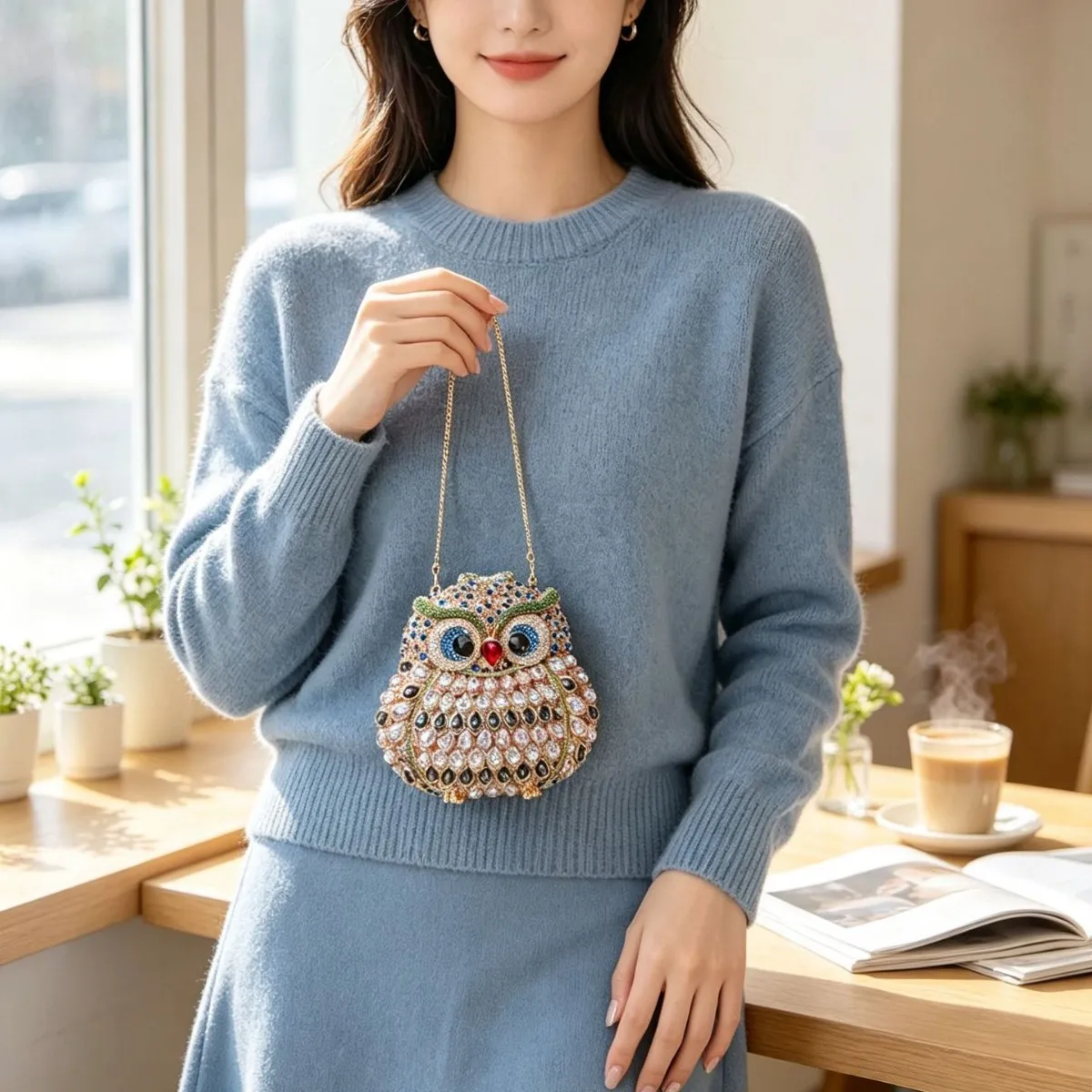 Heavy industry colored diamond owl clutch bag full of gorgeous rhinestones chic eye-catching personalized niche dress dinner bag view 3