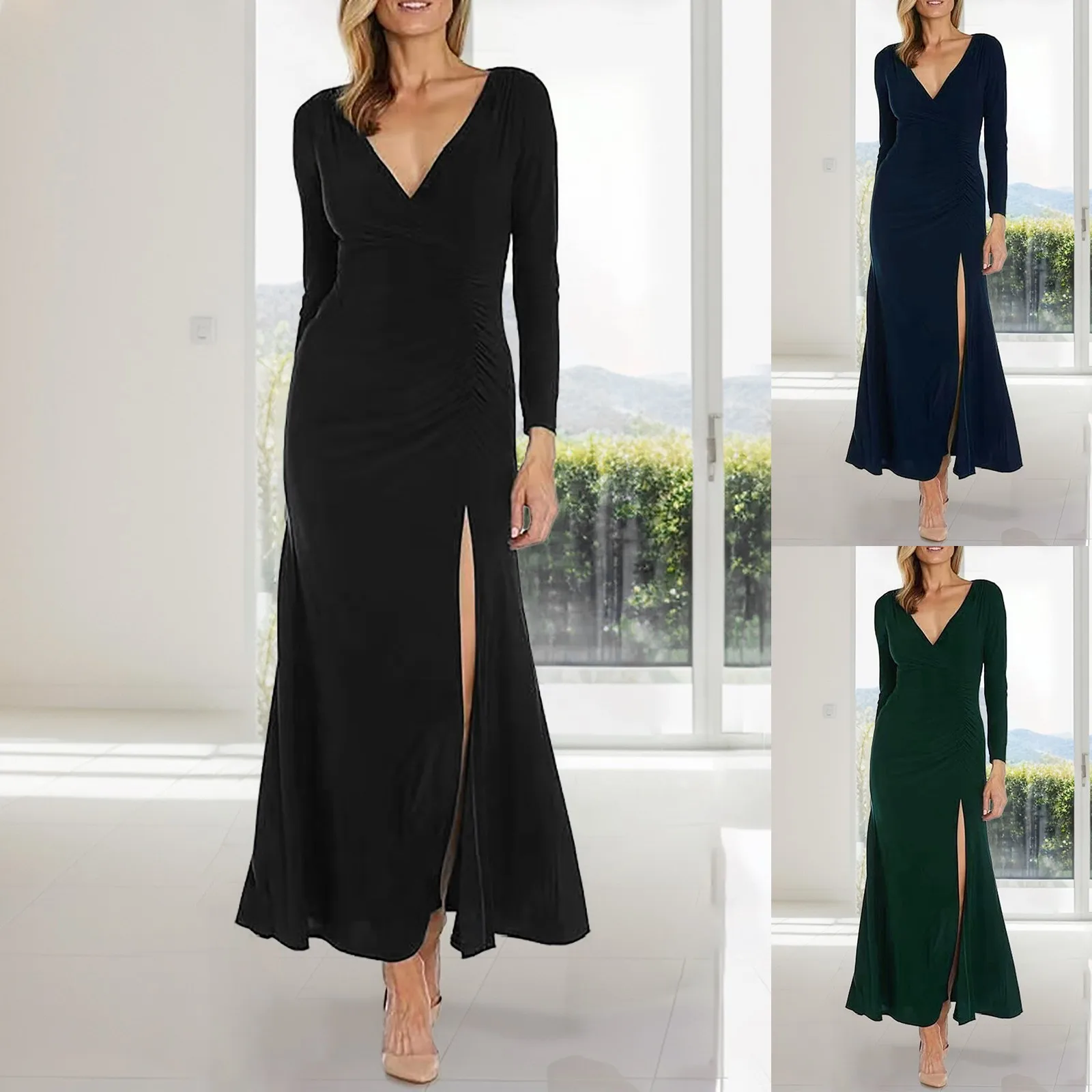 

Long Sleeved Dress Female New Varieties Evening Dress Womens High Quality Solid Color V Neck With Side Ruffles And Side Slit