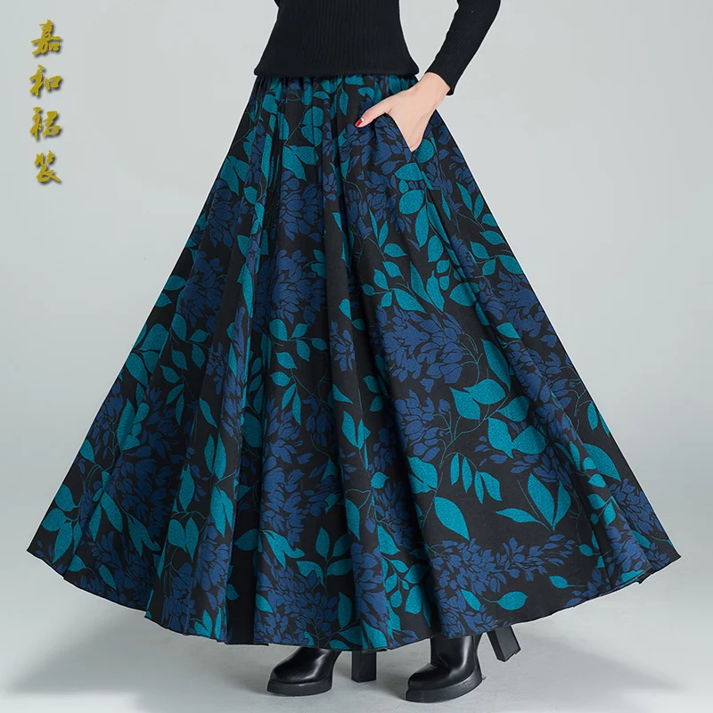 

Autumn Winter New Sle Retro Print A-Line Midi Skirt High Waist Dance Women's Ethnic Sle f-length Skirts Long Skirts
