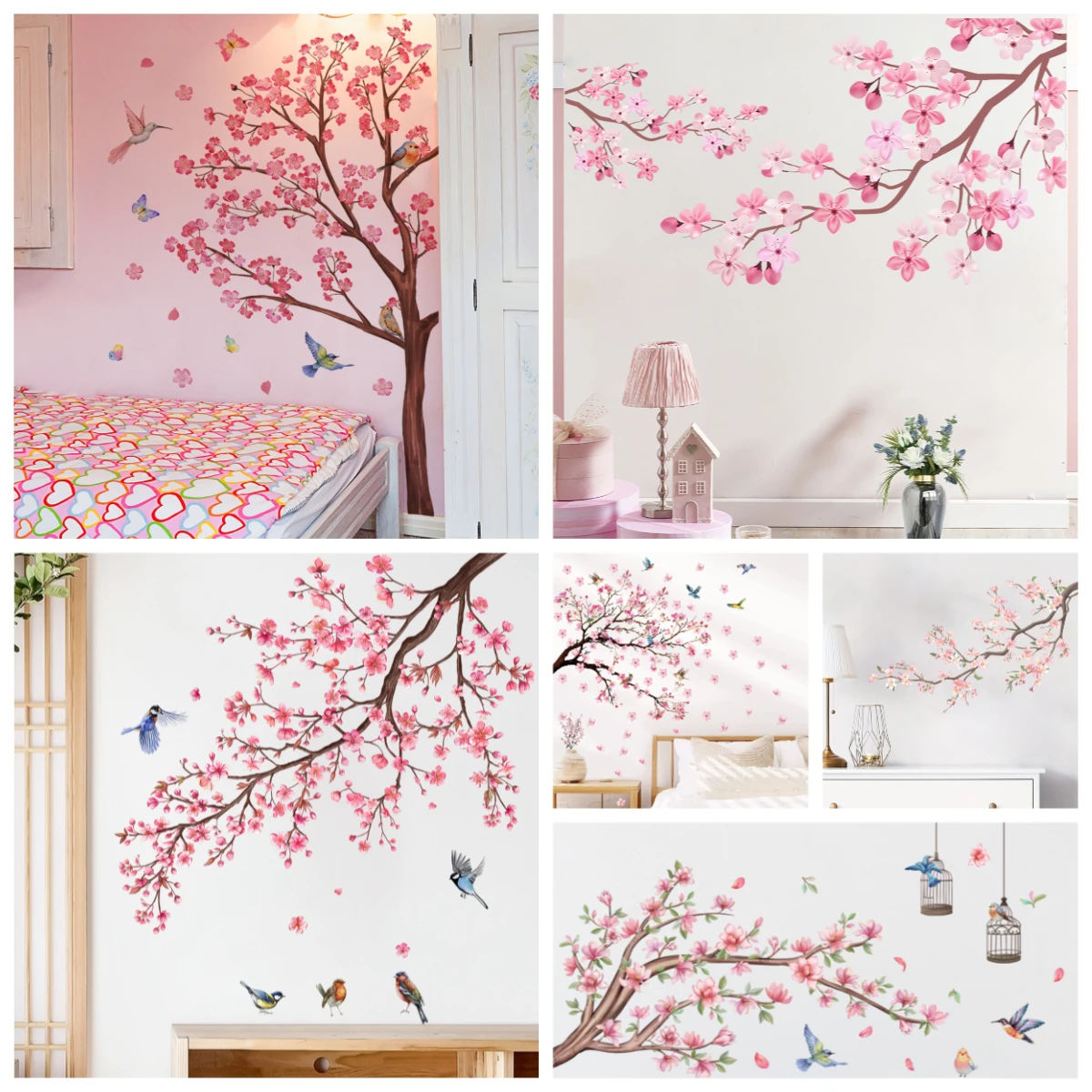 Pink Peach Tree Branches Bird Cage Living Room Porch Background Decorative Wall Stickers Self-adhesive Wholesale Wall Decoration