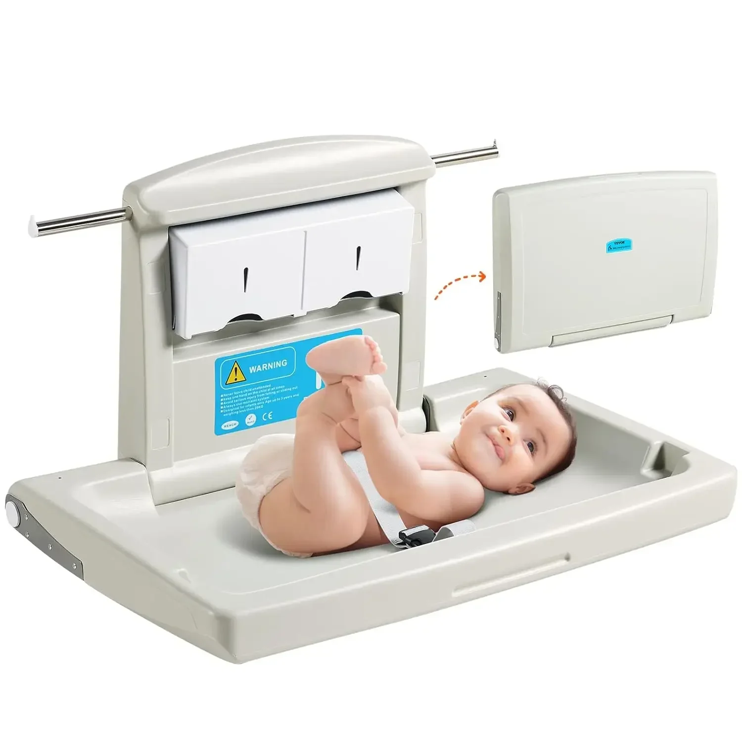 Wall-Mounted Baby Changing Station, Horizontal Foldable Diaper Change Table with Safety Straps and Hanging Rods