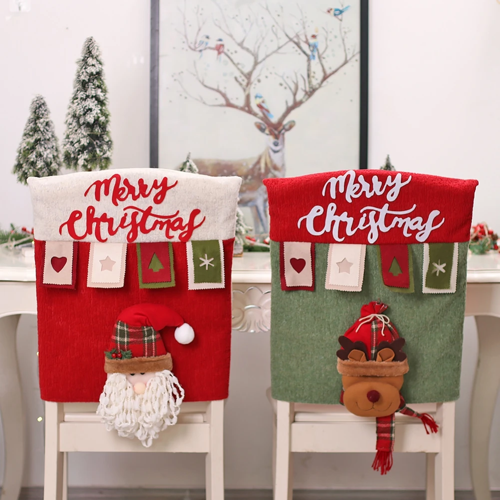 Linen Three-Dimensional Santa Claus Xmas Seat Cover Table Red Hat Chair Back Covers Festival Decorations For Home New Year Party