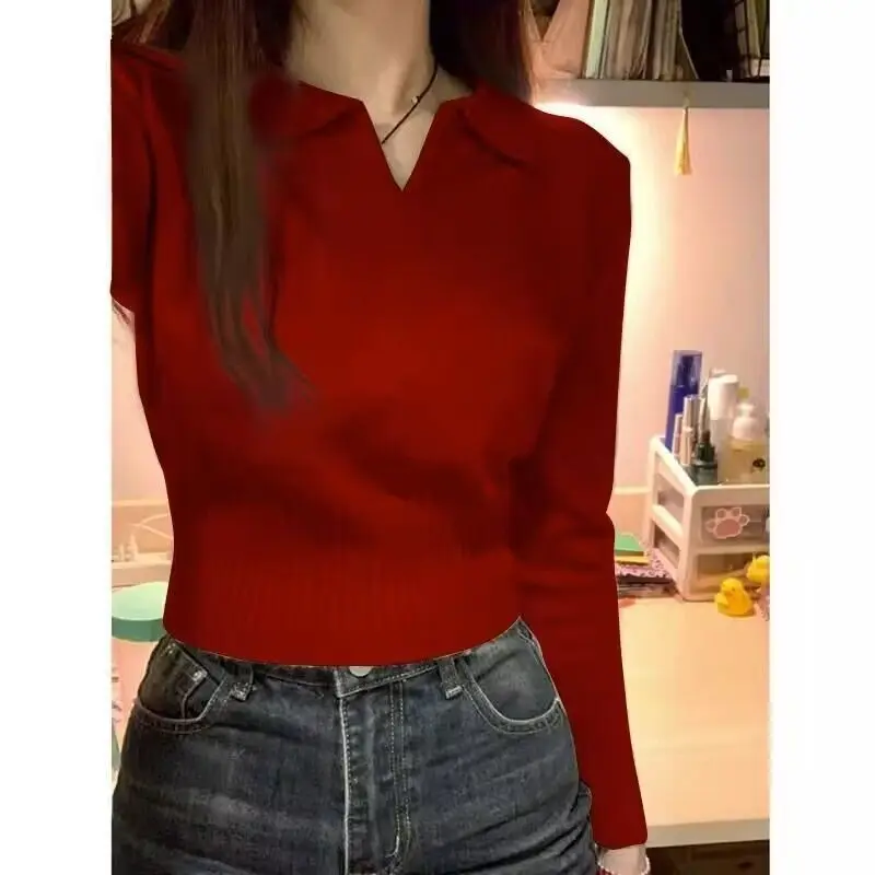 

Весенний новый красный топ с уникальным дизайном, нишевый стиль, женский вязаный свитер, вдохновленный вдохновленный, верхняя одежда, базовый слой, модный