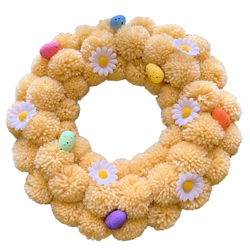 

Easter Bunny Spring Wreath with Colorful Eggs and Puffy Pom Poms for Home Office Classroom Decorations and Gifts