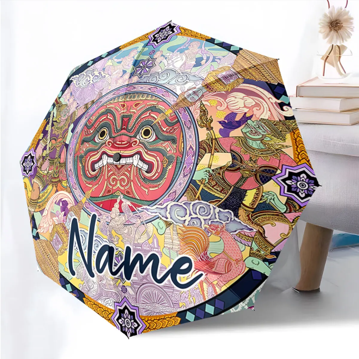 Custom Name Colorful Artistic Umbrella with Intricate Design Print 8 Iron Ribs Folding Umbrella, Auto-Open Fashion Sunshade