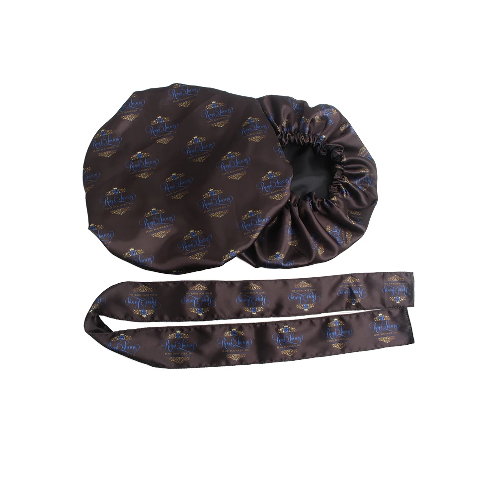 custom repeat full logo printing sleep bonnet and wrap band, satin cap bonnet head band
