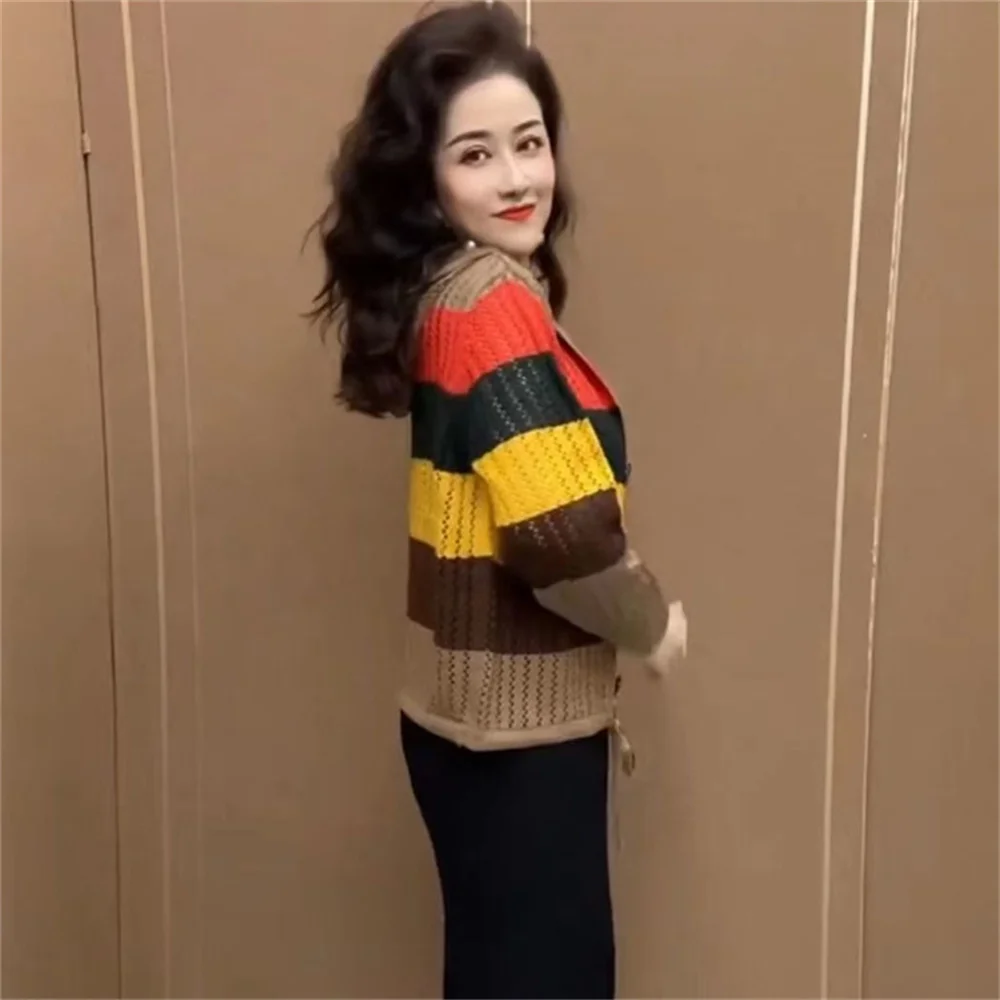 Women Korean Rainbow Stripe Hooded Knitted Coat 2023 Autumn Female New Western Style Reduced Age Cardigan Hollow Striped Sweater