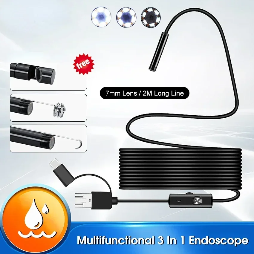 Endoscope Camera 7mm HD Mini Camera Endoscope Hard Cable Inspection Borescope Camera USB Type C for Android PC  6LEDs Adjustable