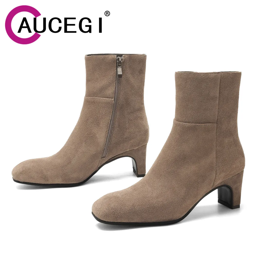 Aucegi 2025 New Women Cow Suede Thick High Heels Ankle Boots Hot Sale Autumn Winter Pointed Toe Zipper Daily Life Casual Shoes