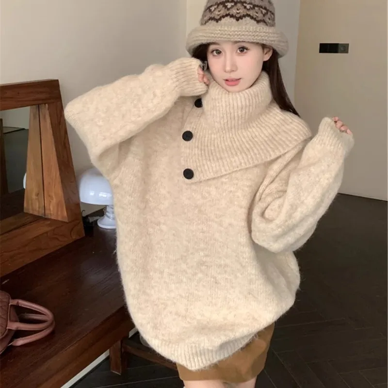 

Autumn and Winter Fashion New Women's Elegant High End Knitted Hoodie Scarf Collar Thickened Loose Warm Long Sleeve Sweater