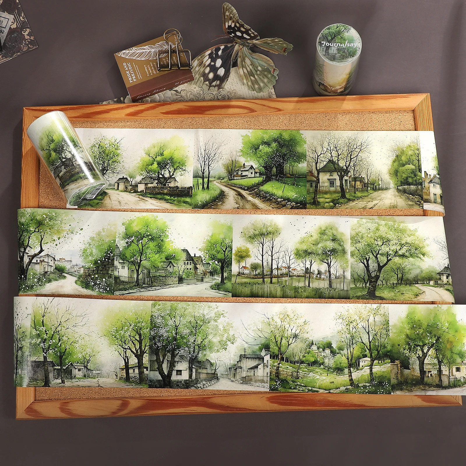 80mm*205cm Vintage Green Countryside Tree Landscape Washi Tape Creative DIY Journal Material Collage Scrapbooking Stationery