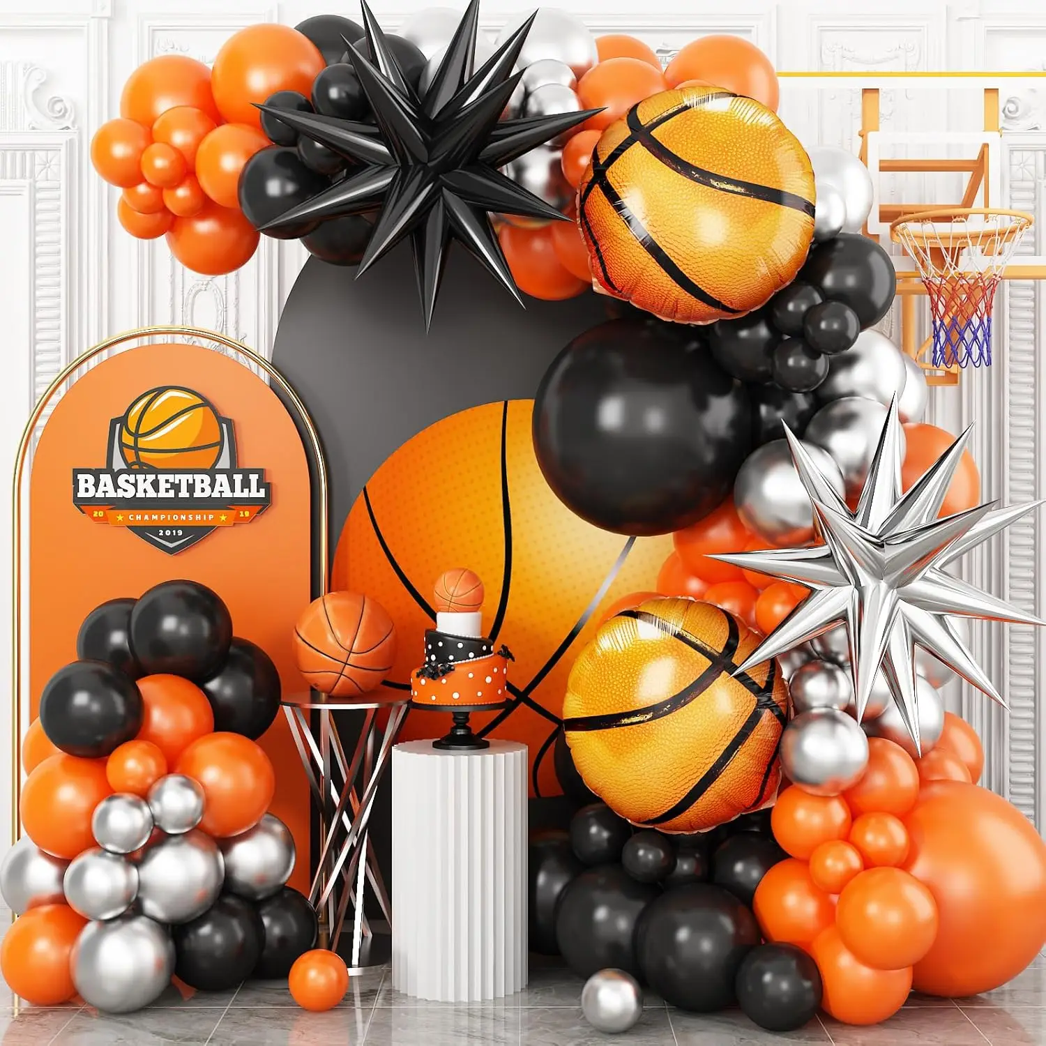 Basketball-Ballonbogen-Set, Ballongirlande in Schwarz, Orange, Metallic-Silber mit explodierten Sternen und Basketball-Folienballon
