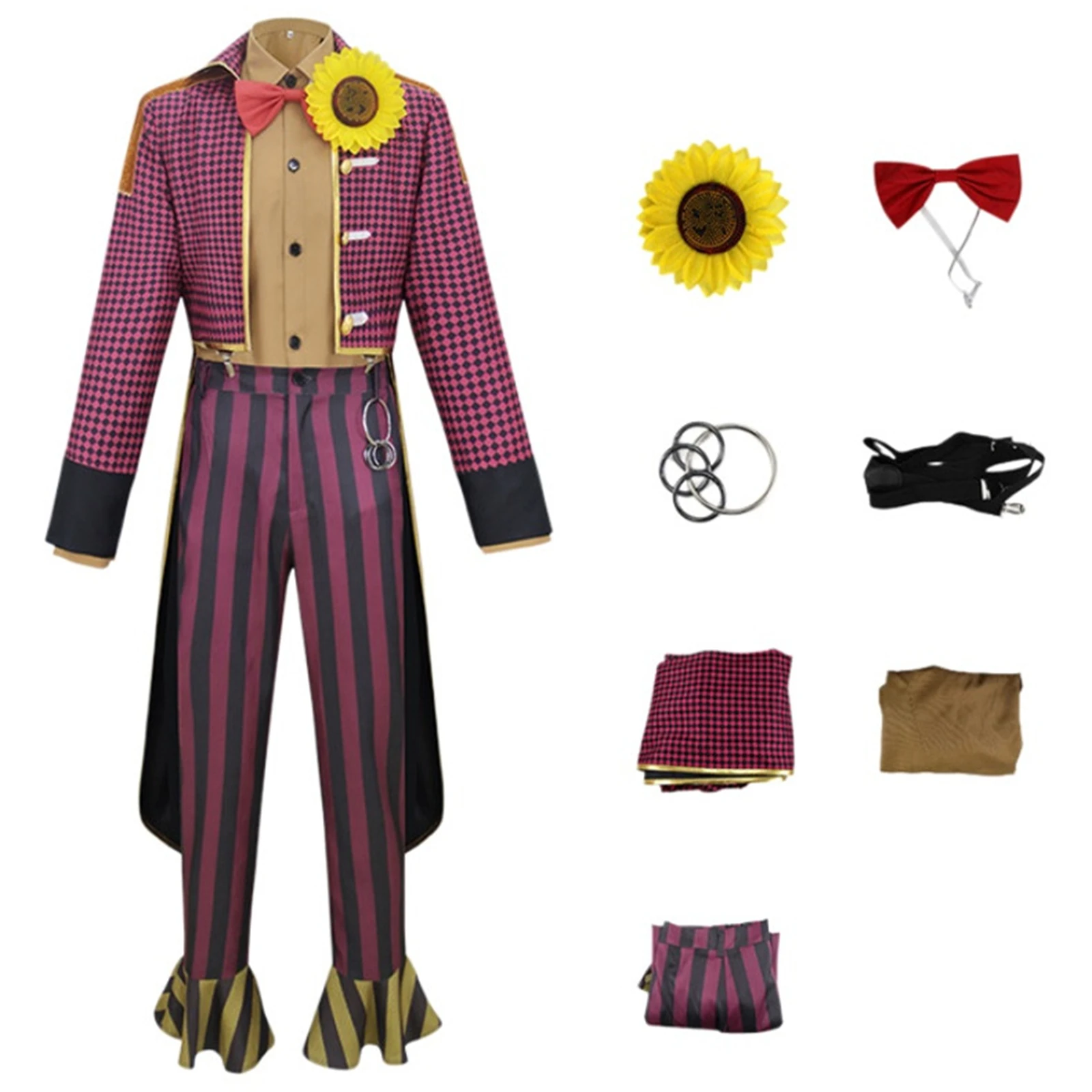 

Clown Kenneth Chase Cosplay Costume Men Circus Performer Costume Plaid Tailcoat Bow Tie Sunflower Decor Halloween Dress