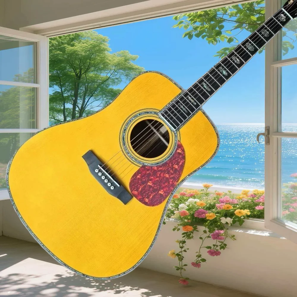 41 Inch D45 Type Folk Guitar Solid Spruce Top Yellow White Edge Banding Abalone Shell Fingerboard Beginner