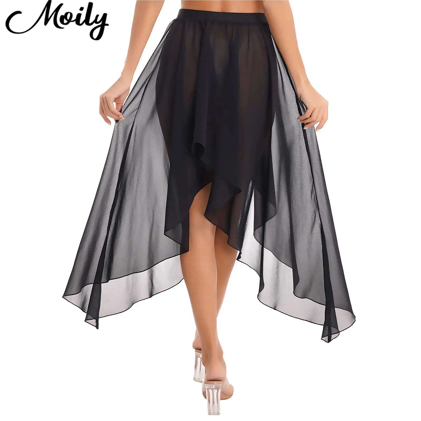 Women Ballet Latin Dance Skirt Semi See Through Asymmetrical Hem Elastic Waistband Skirts Belly Dancing Samba Rumba Dancewear