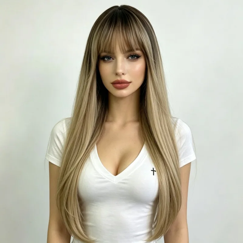 Fashion Air Bangs Brown Long Straight Hair Women'S Wig Outdoor Travel Daily Wear Matte Silk Simulation Synthetic Wig