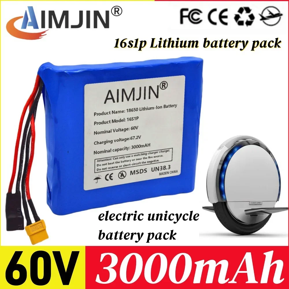 

60V Rechargeable Battery 3000mAH 16s1p Lithium battery pack with Bms for Electric Unicycle Battery Scooter Skateboard