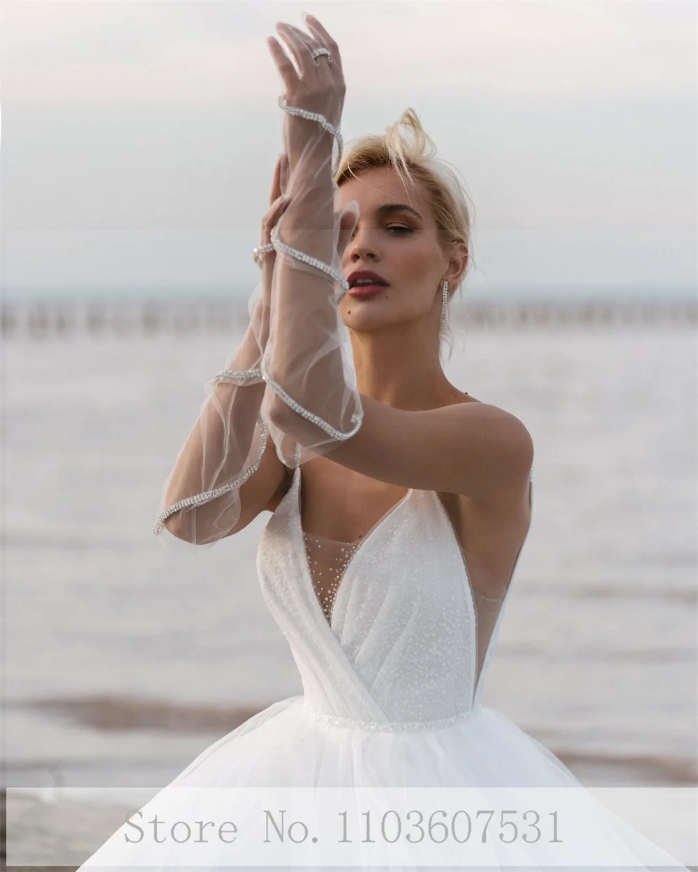 Vestido de casamento com decote em v para mulheres, vestido de tule, sem encosto, corte, praia, festa de casamento