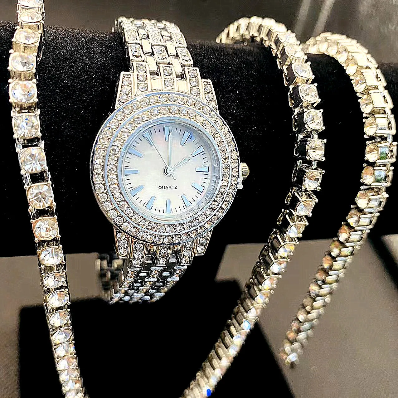 3pcs Luxury Iced Out Watches for Women Diamound Jewelry Set Chain Bracelet Necklace Bling Bling CZ Watch Women Gifts Reloj Mujer