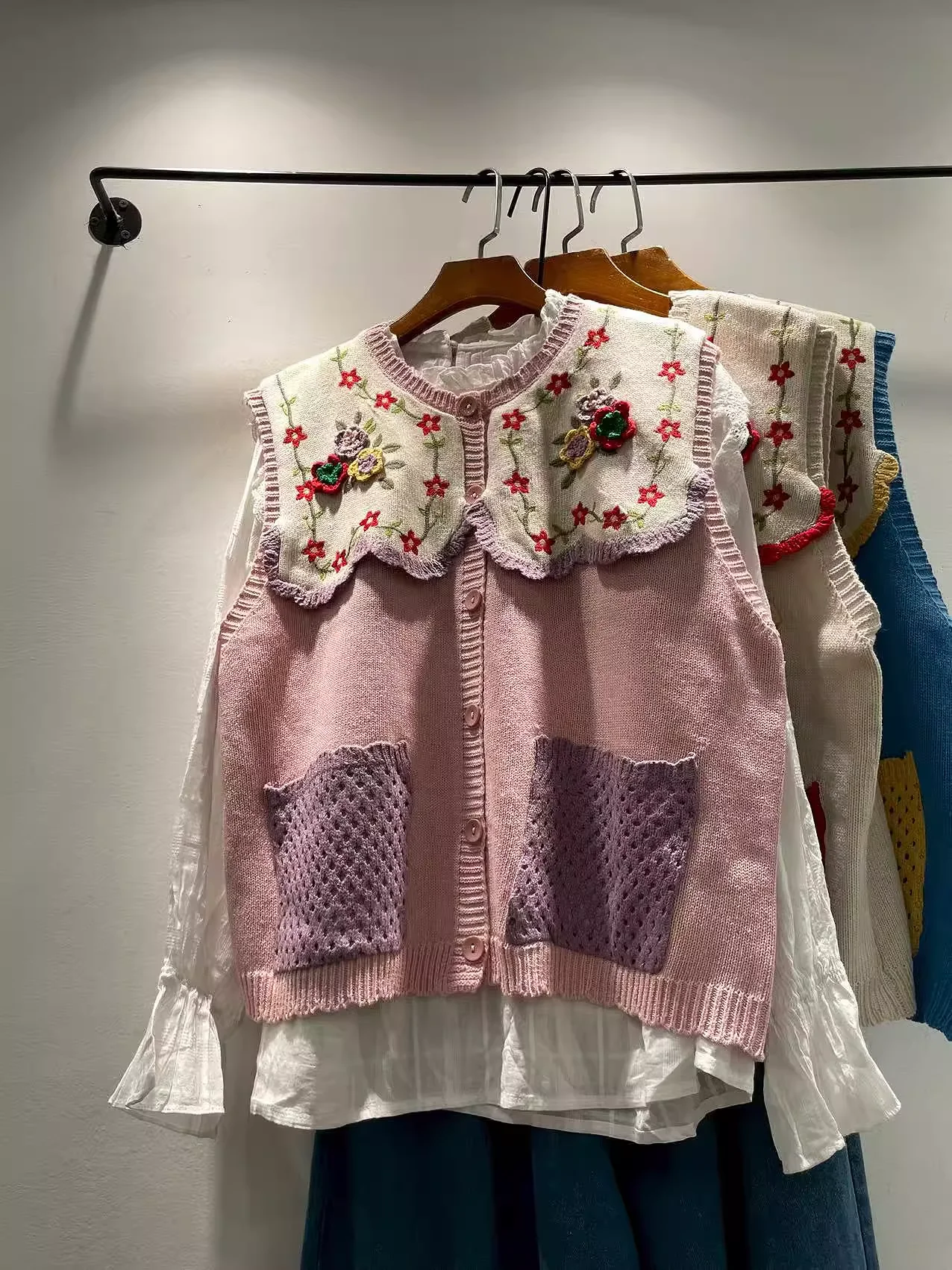 

Mori kei clothing original handmade flower embroider knit sweater vest for women autumn pink blue beige sleeveless cardigan