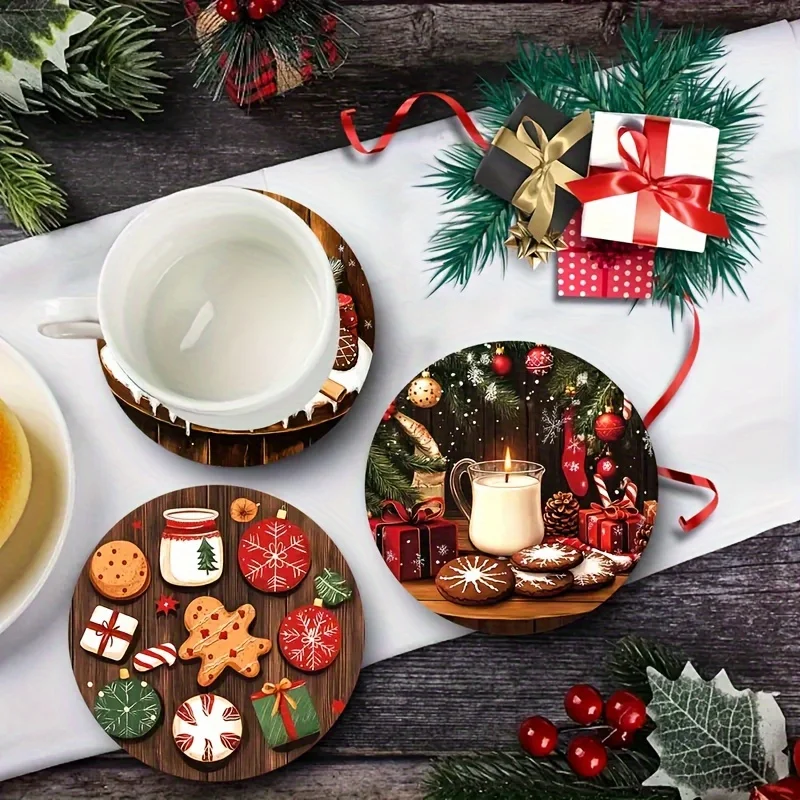 6PCS 2D Retro Festive Christmas Elements Wooden Coaster Office Home Decor Party Seasonal Decoration Christmas New Year Decor