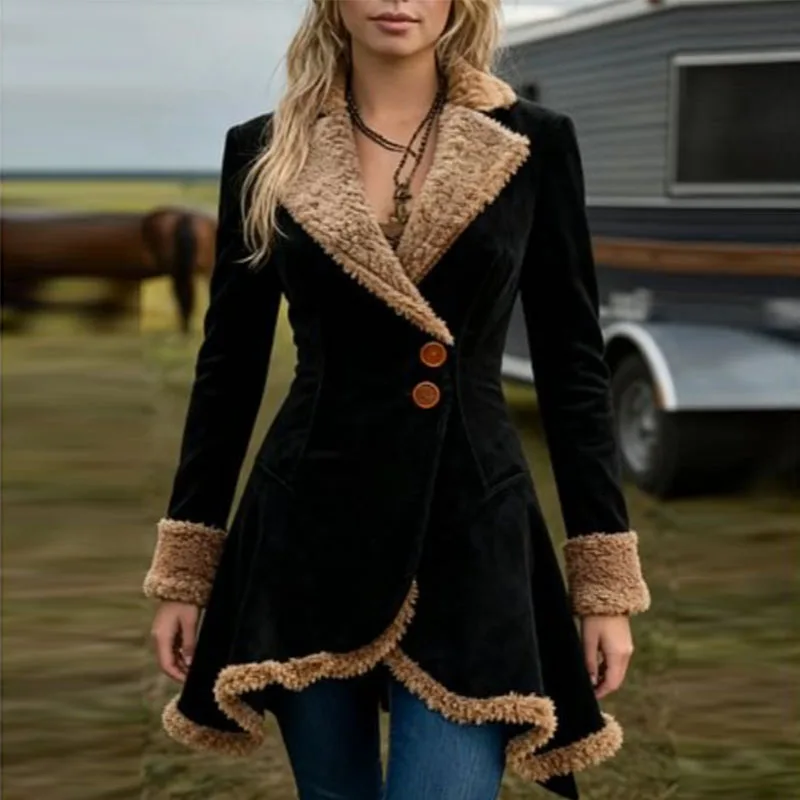 معطف نسائي عتيق بني من قماش الدنيم الغربي للخريف والشتاء معطف دافئ عصري مقاوم للرياح سترة واقية بقصة ضيقة