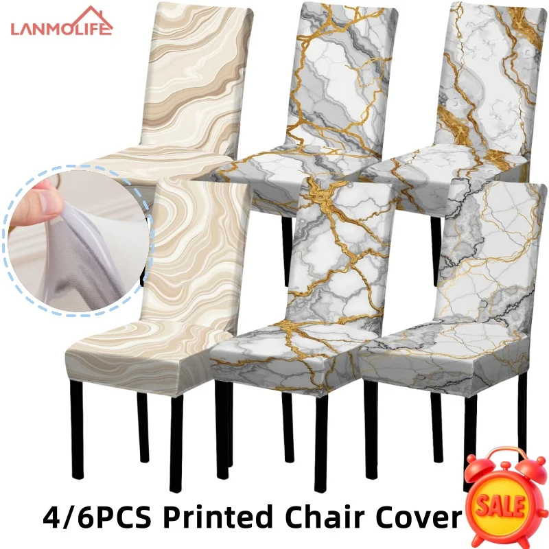 Stretch Dining Room Chair Covers Marble Geometric Pattern Machine Washable Furniture Protectors For Hotel Party Home Decoration