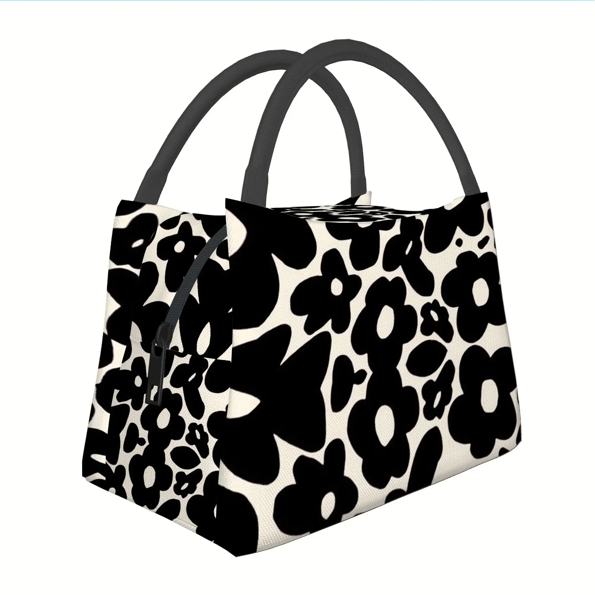 Black White Abstract Floral Print Lunch Bag Minimalist Modern Flower Pattern Insulated Tote Reusable Cooler Bag for Work School