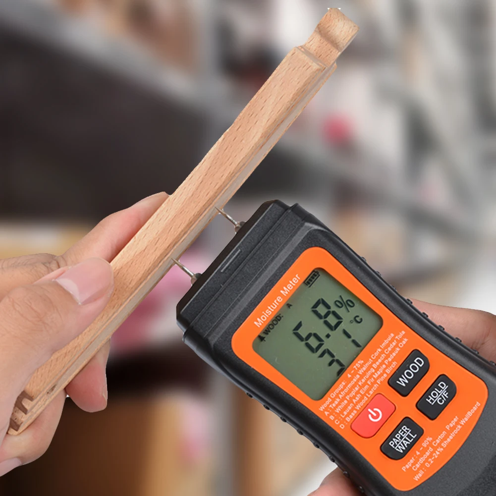 Two Pins Wood Moisture Meter with Temperature Display Digital Wall Hygrometer Timber Damp Detector for Lumber Concrete Building