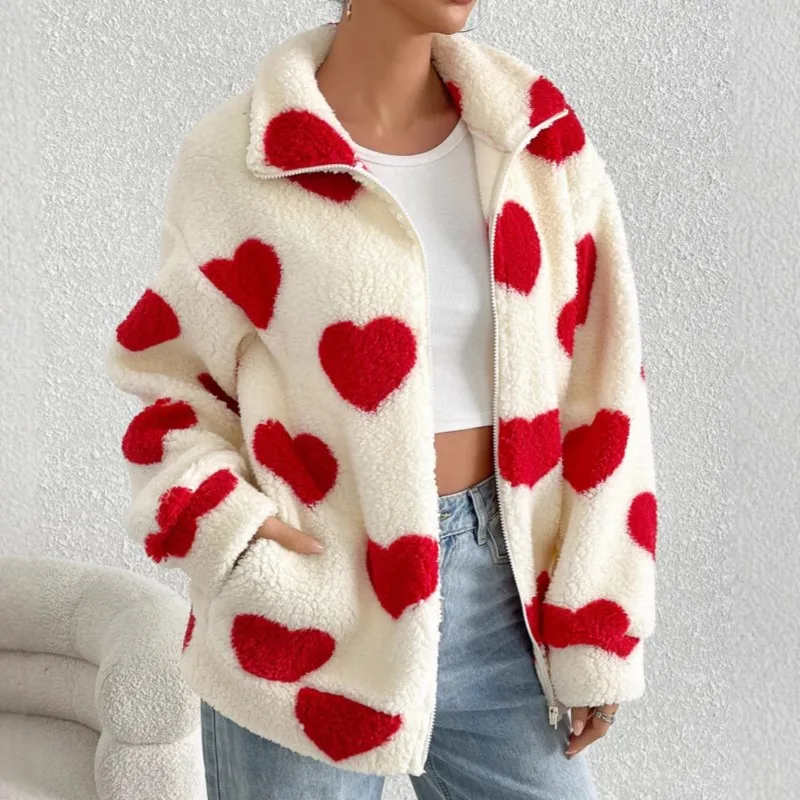 Nowa Jesienno-Zimowa Luźna Pluszowa Rozpinana Kurtka Rozpinana z Nadrukiem w Kształcie Serca, Długi Rękaw, Wysoki Kołnierz, Ciepła Odzież Wierzchnia w Stylu Streetwear