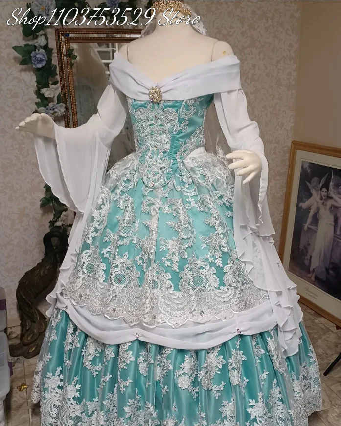 Dreamy Mint Green Gothic Wedding Medieval Victorian Print Embroidered Pleated Poncho Tier Column Princess Masquerade Gowns