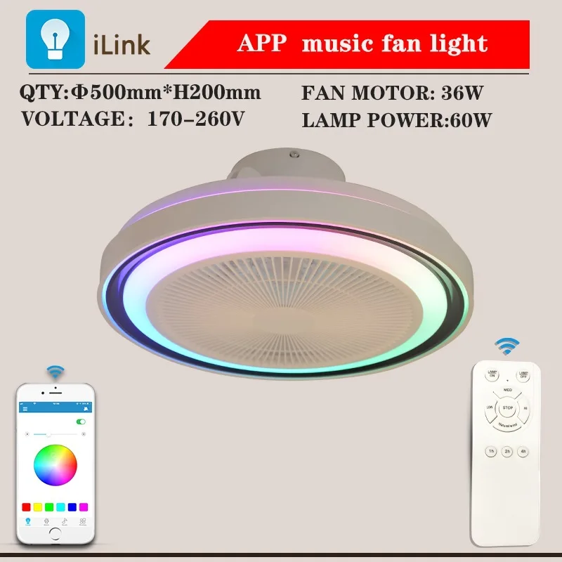 20 Inch Air Ventilation Mini LED Ceiling Fan Lamp APP and Remote Control Ultra-thin Size for Low Building