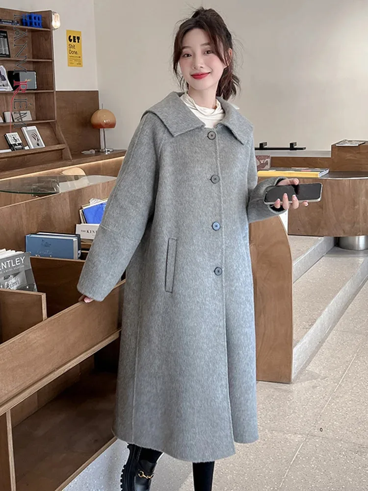 

LANMREM Korean Style Wool Long Coat Women Lapel Solid Color Single Breasted Loose Clothing Office Lady 2024 Winter New 2VV201