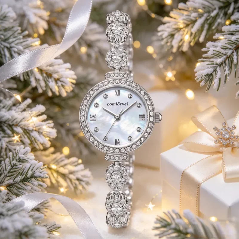 comlorvei Women Crystal Bezel Pink MOP Dial Quartz Watch, Flower Bracelet Elegant Wristwatch